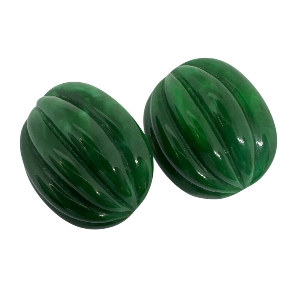 Vintage Green Plastic Earrings Marbled Oval Domed Large